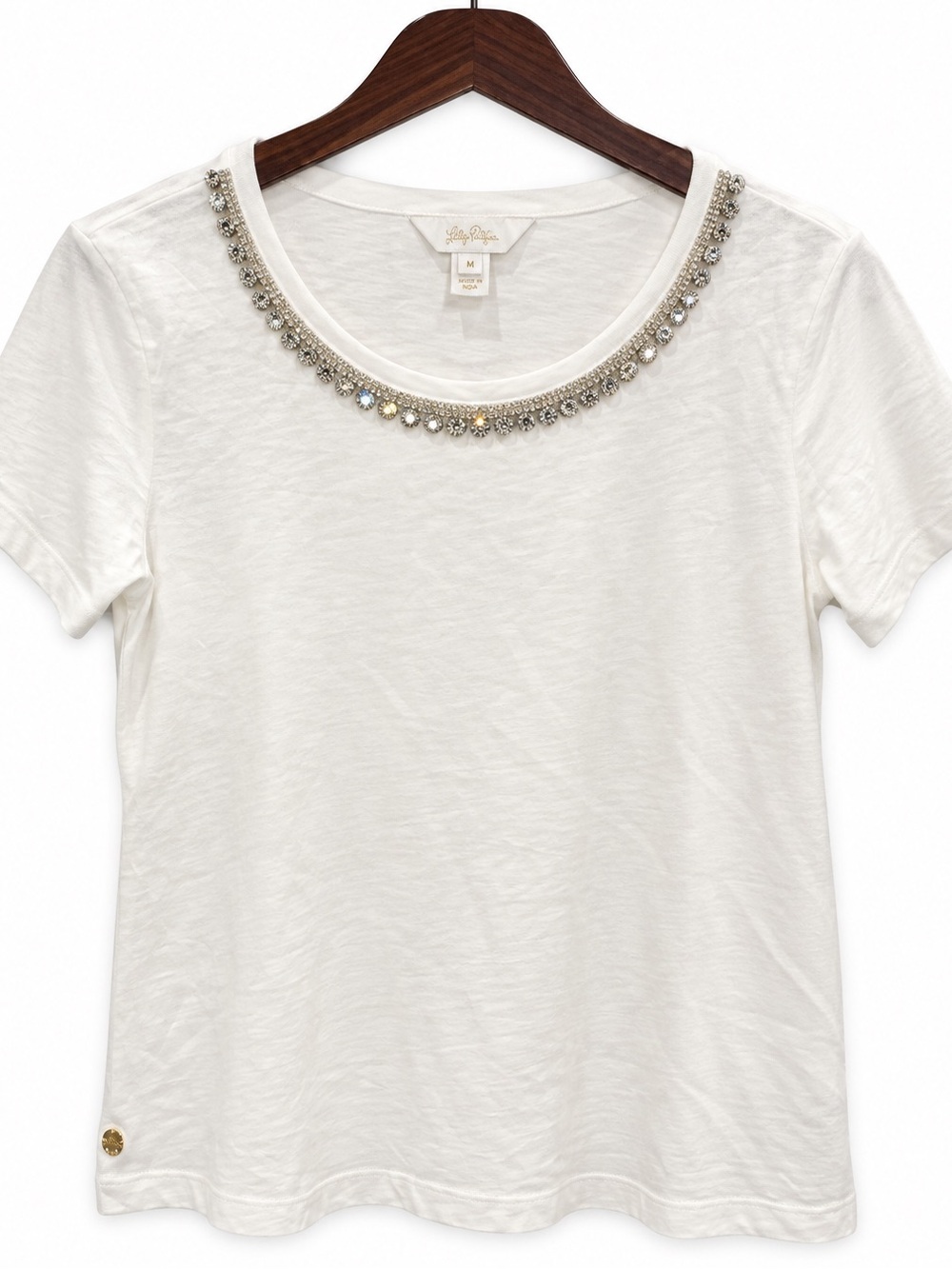 Lilly Pulitzer White Short-Sleeve Tee with Jeweled Scoop Neck